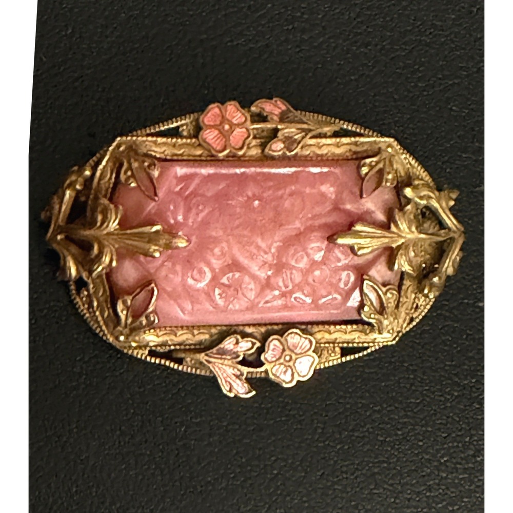 Vintage Art Deco Brooch Molded Glass Floral Pink Brass Guilloche Flower